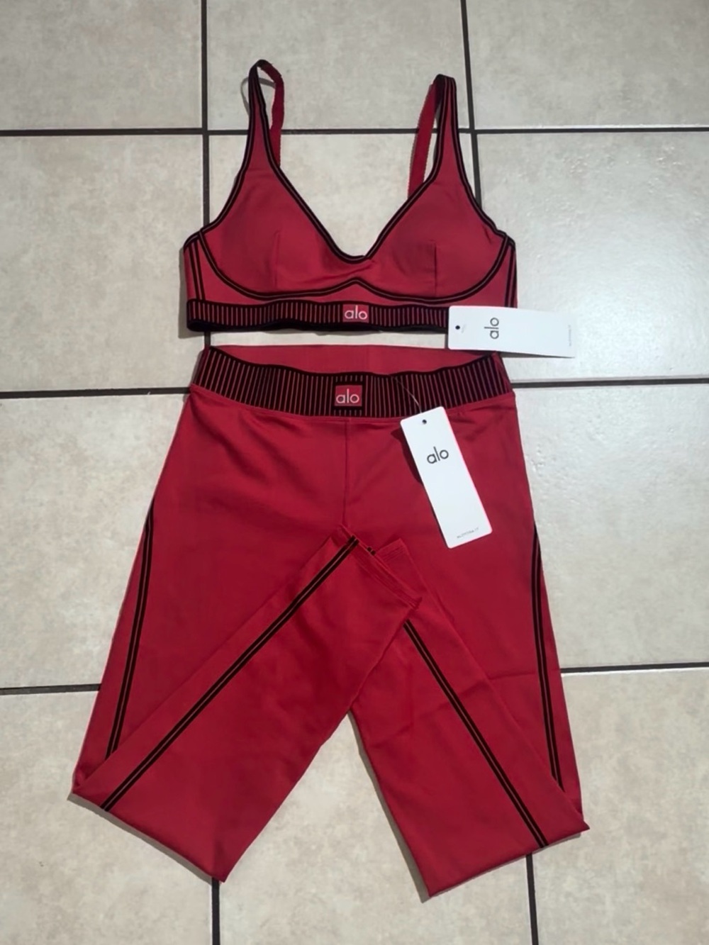 ALO Yoga Red Strappy Sports Bra and  Leggings Set